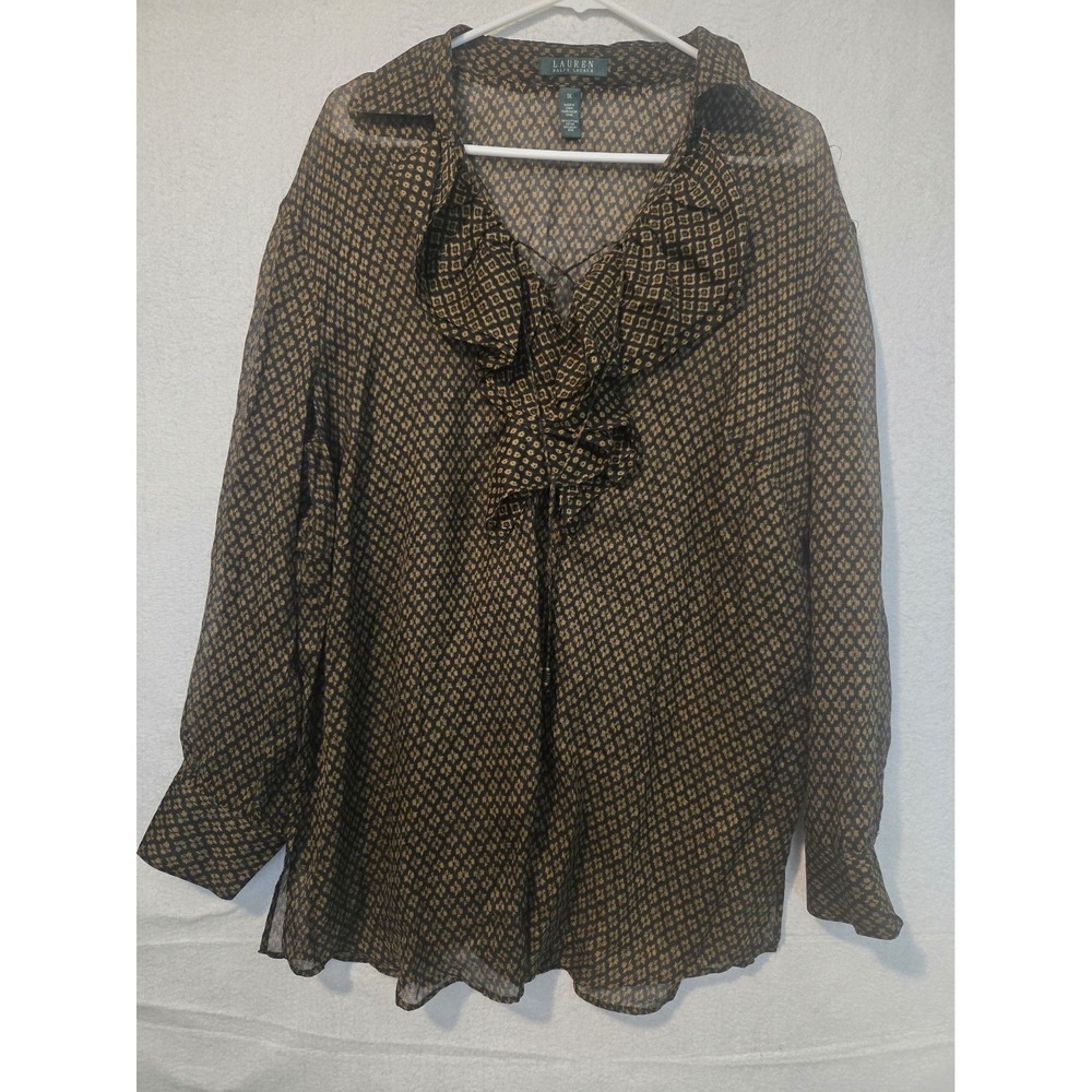 Lauren Ralph Lauren Womens Blouse Size 1X Ruffled Geometric Pattern Polyester